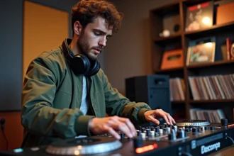 Jeune DJ en studio mixant musique avec casque