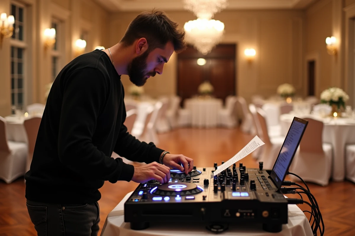 DJ préparant et ajustant sa playlist de mariage sur un contrôleur dans une salle de réception élégante avant la cérémonie
