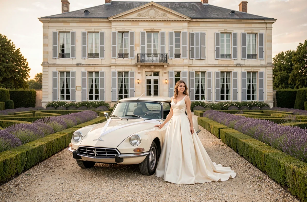 Domaine de Camboyer en Occitanie, mariée en robe ivoire posant près d'une Citroën DS vintage devant le manoir du XVIIIe siècle
