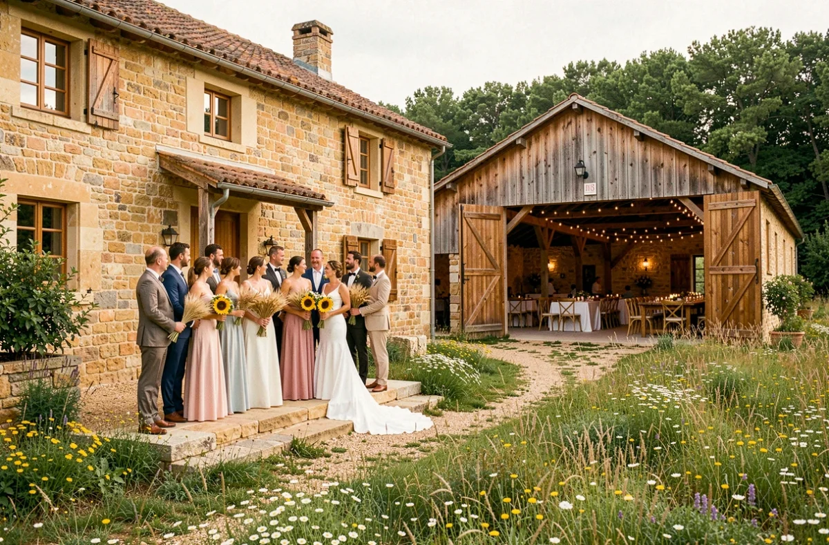 Domaine de l'Ale en Occitanie, cortège nuptial sur les marches d'une ferme en pierre avec grange décorée et prairies fleuries