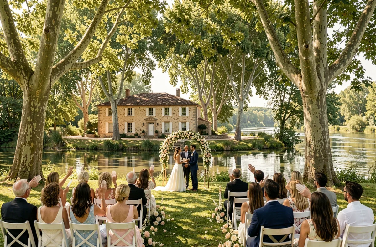 Domaine des Rives en Occitanie, cérémonie de mariage en bord de rivière sous les platanes avec arche fleurie blanche