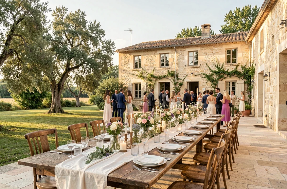 Domaine Le Grand Belly en Occitanie, longues tables de réception dressées en plein air sous les arbres lors d'un mariage champêtre