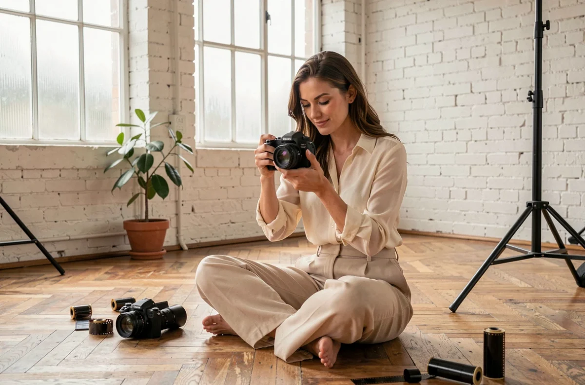 Elisa Studio, studio de photographie de mariage dans les Hauts-de-France, avec une photographe féminine dans son espace de travail minimaliste