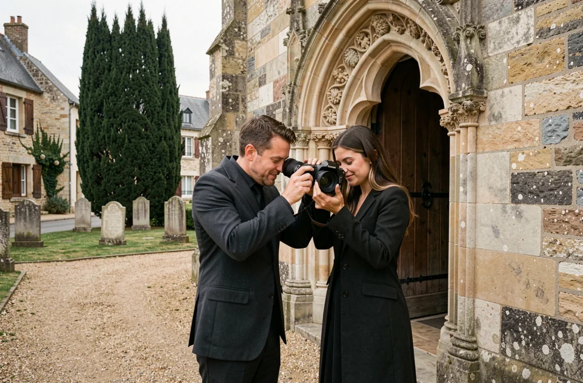 Emeline et Clément, duo de photographes de mariage, travaillant ensemble devant une église en pierre d'un village du nord de la France
