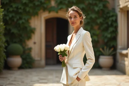 Femme en ensemble pantalon ivoire élégant pour mariage dans la cour d'un château français