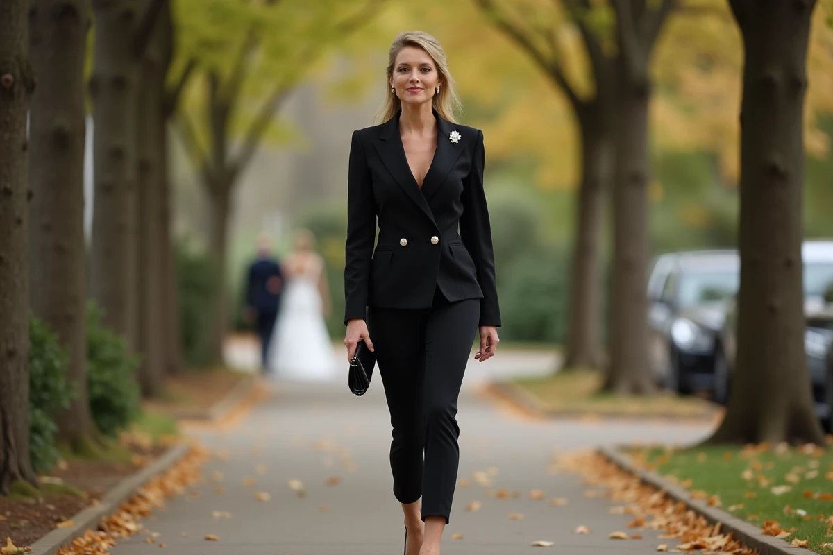 Femme en ensemble pantalon cigarette noir élégant marchant dans une allée arborée lors d'un mariage urbain