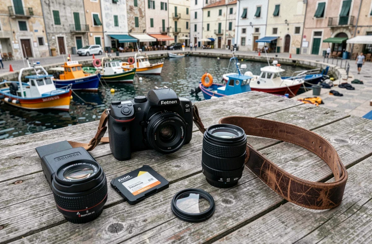 Équipement photographique professionnel posé sur une table en bois au bord du vieux port de Bastia
