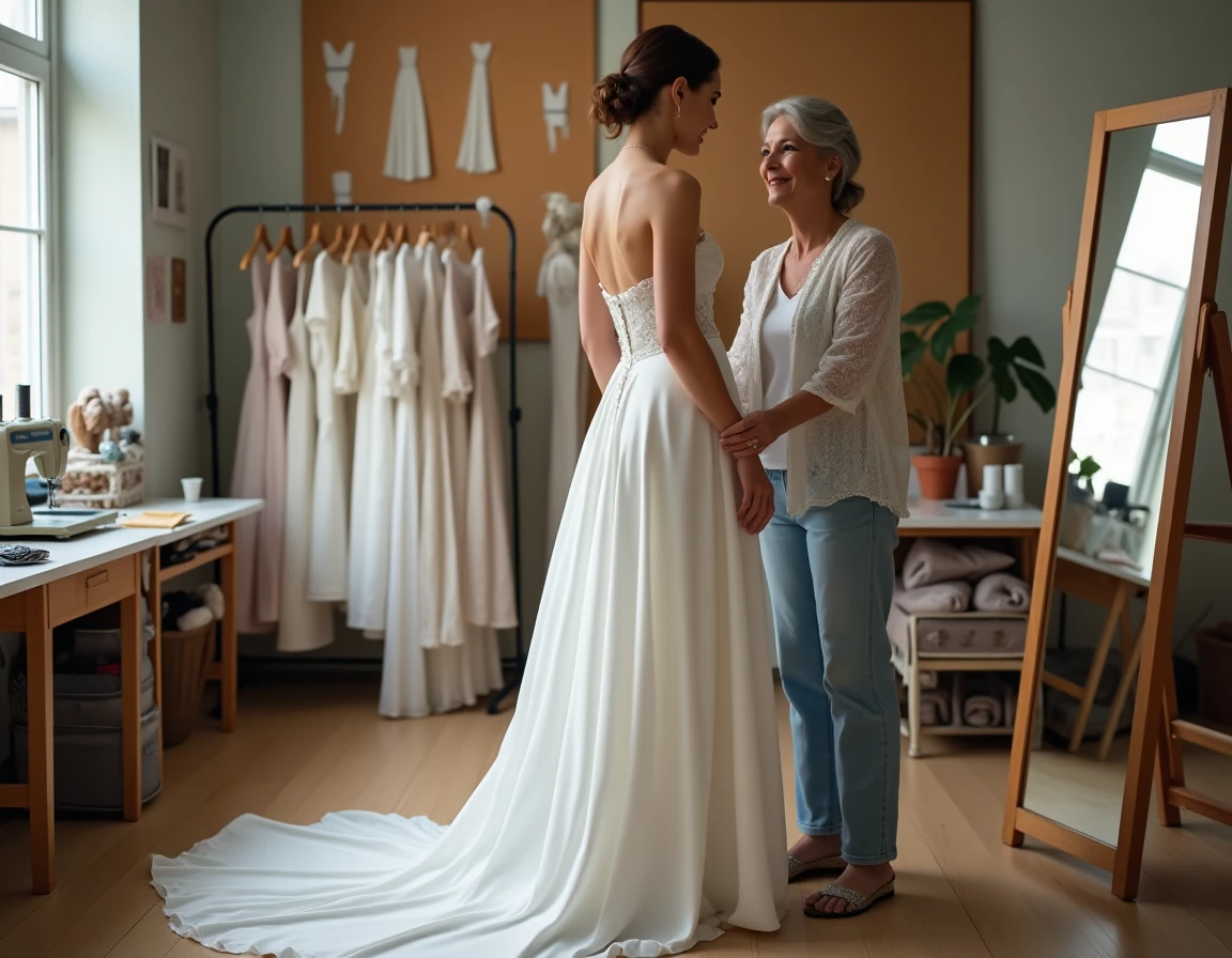 Retouche d'une robe de mariée neuve à petit prix chez une couturière lors d'un essayage en atelier