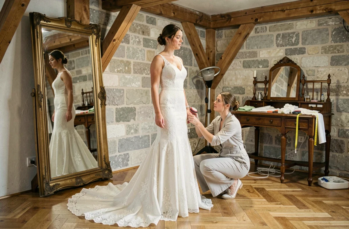 Essayage de robe de mariée en location chez une couturière à Strasbourg avec ajustements de dernière minute