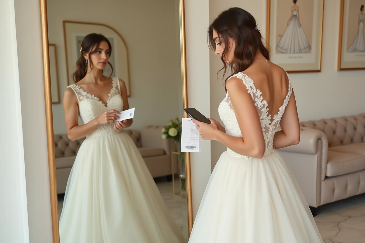 Mariée essayant une robe de mariée et examinant les tarifs pour préparer une négociation