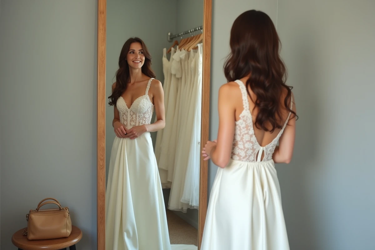 Femme essayant une robe de mariée simple et élégante dans une cabine d'essayage abordable