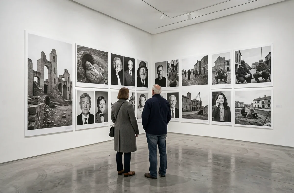 Visiteurs dans une galerie de musée contemplant une exposition rétrospective de photographies noir et blanc de Lee Miller