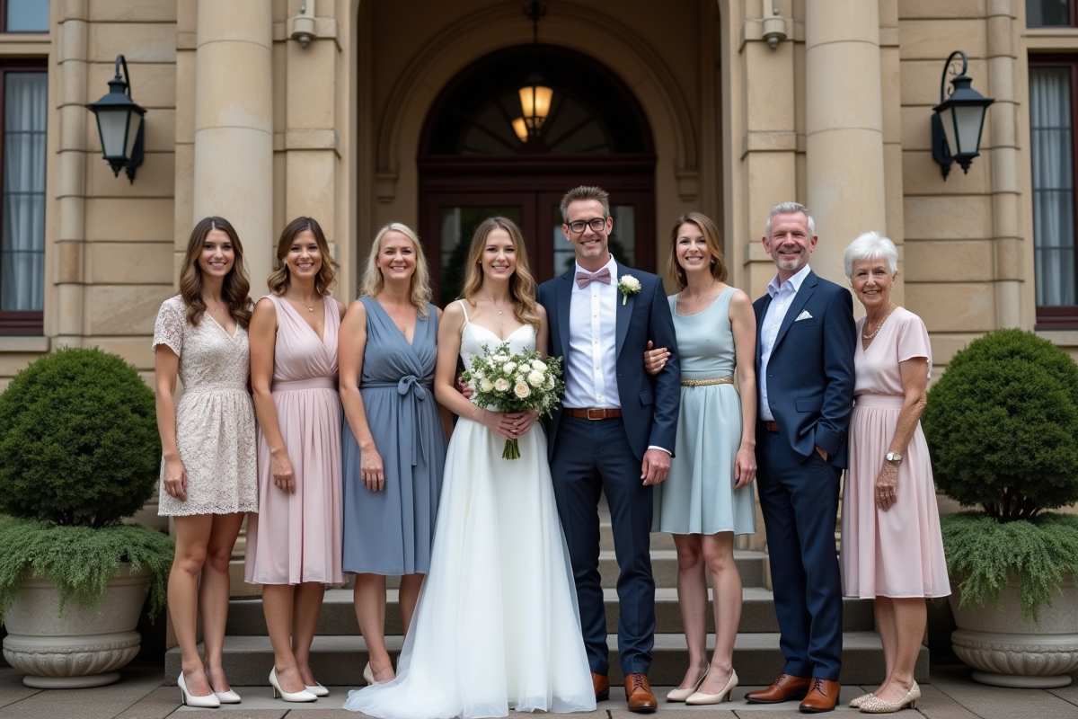 Famille et amis célébrant mariage devant l