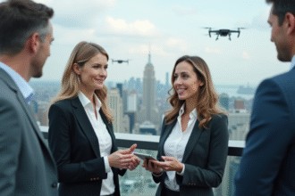 Femme d affaires discutant budget drone en extérieur