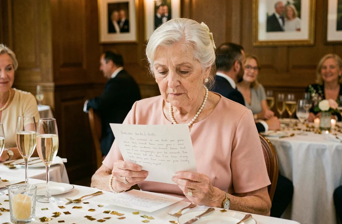 Femme âgée lisant une lettre émouvante lors de la célébration de ses noces d'or en famille