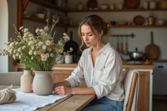 Femme arrangeant des fleurs dans une cuisine chaleureuse