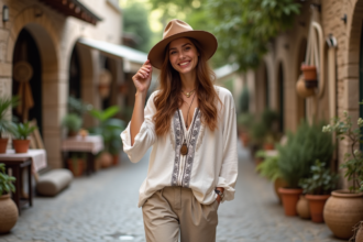 Jeune femme en tunique brodee ajustant son chapeau sur une rue pavée