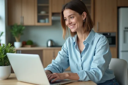 Femme concentrée travaillant sur son ordinateur dans une cuisine moderne