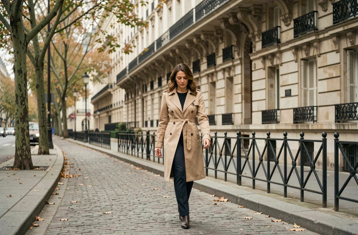 Femme élégante marchant seule sur un trottoir parisien typique avec immeubles haussmanniens en arrière-plan, style photo candide illustrant l'intimité d'une personnalité médiatique