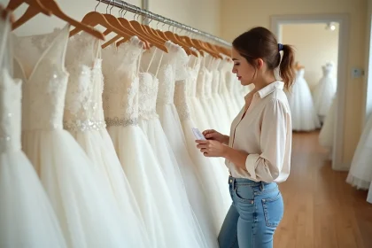Jeune femme regardant les étiquettes de prix sur des robes de mariée dans une boutique abordable