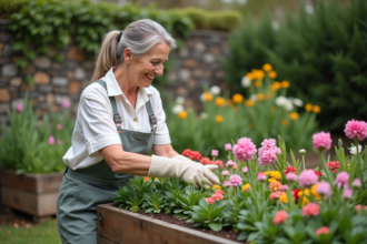 Femme souriante arrangeant des fleurs dans un jardin en plein air