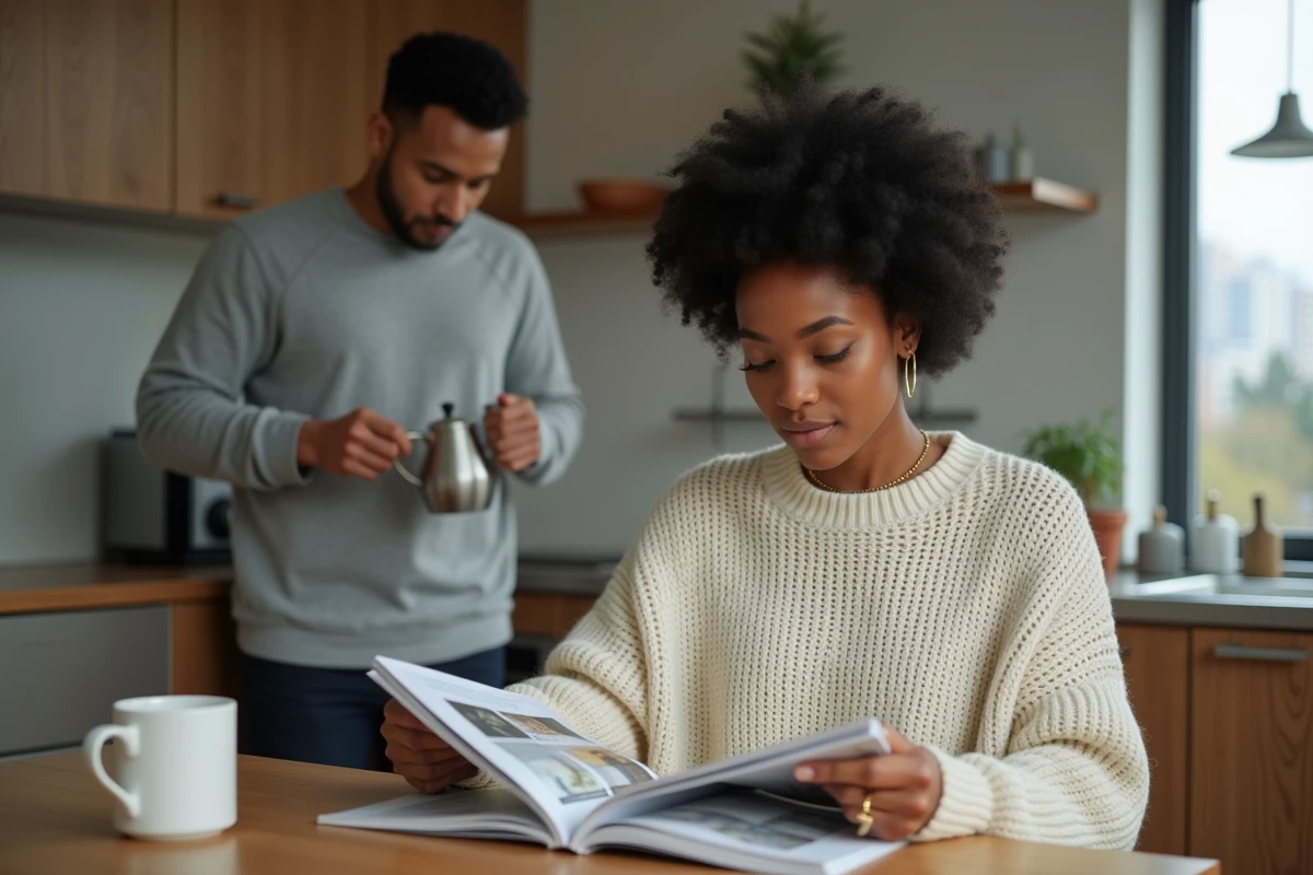 Femme lisant un magazine à la cuisine avec son mari en arrière-plan