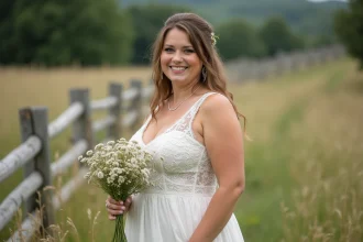 Femme joyeuse en robe de mariage bohème en plein air
