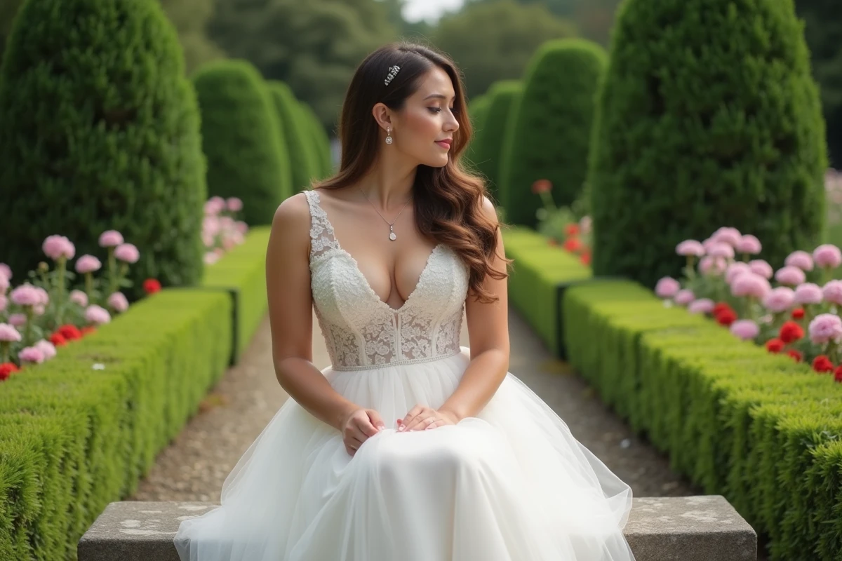 Jeune femme en robe courte dans un jardin verdoyant