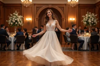 Femme souriante en robe de mariée dansante lors d'une réception élégante