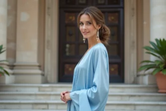 Femme en robe bleue élégante devant la mairie