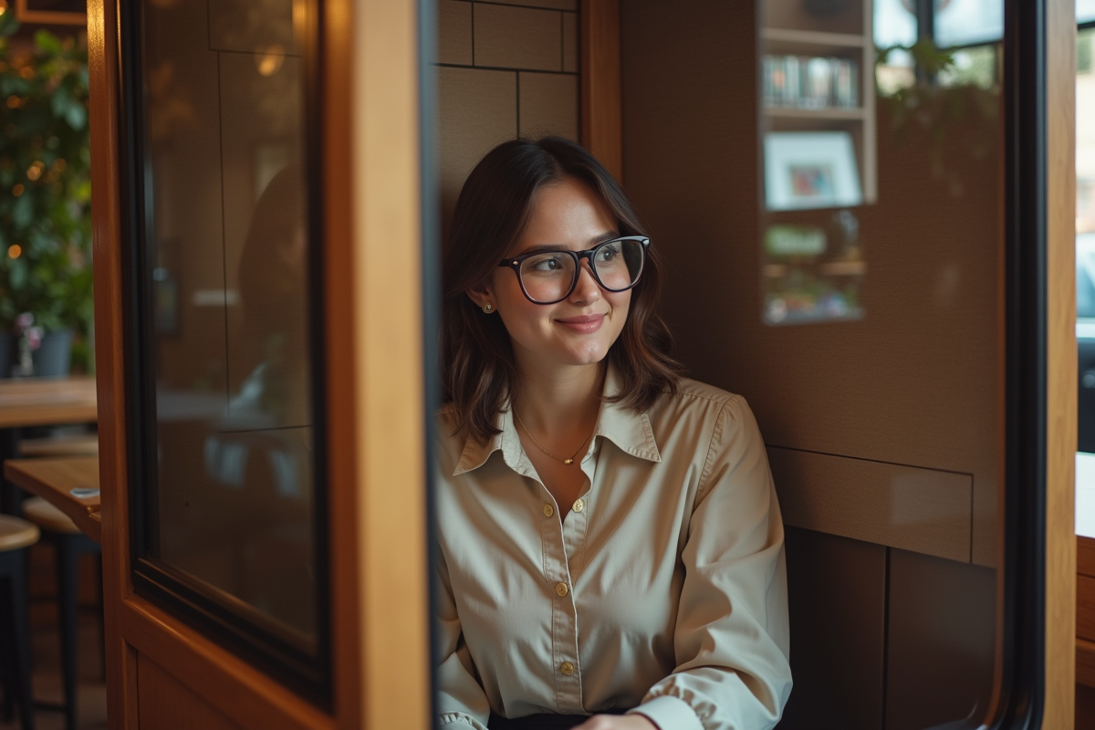 Femme dans un photobooth cosy au café avec reflet visible