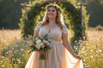 Femme ronde en robe de mariée champêtre avec couronne florale dans une prairie verdoyante lors d'un mariage en plein air