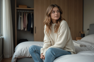 Femme assise sur le lit dans une chambre urbaine