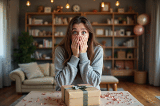 Jeune femme surprise avec cadeau dans un salon chaleureux