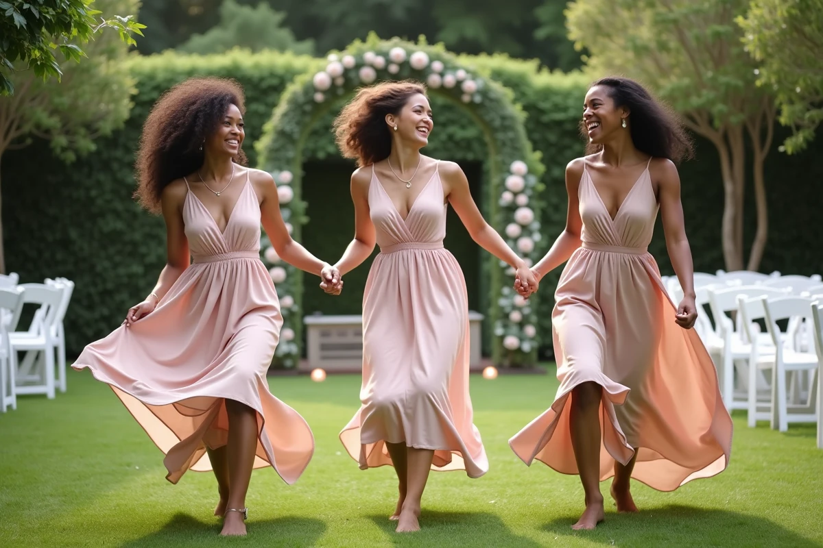 Trois jeunes femmes dansant dans un jardin lors d