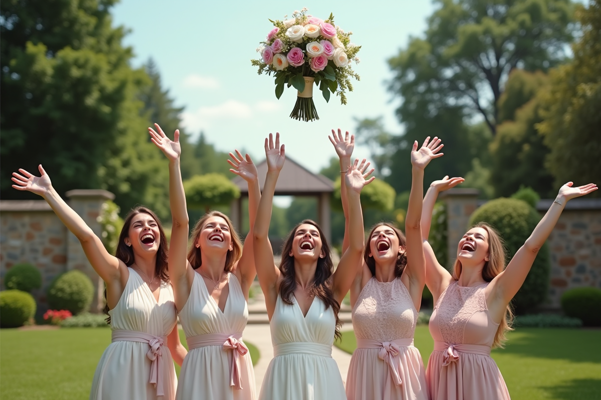 Femmes heureuses attrapant le bouquet dans le jardin
