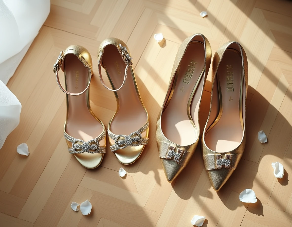 Deux paires de chaussures dorées pour mariée côte à côte sur parquet, talon haut strass et ballerine plate avec nœud pour option confort
