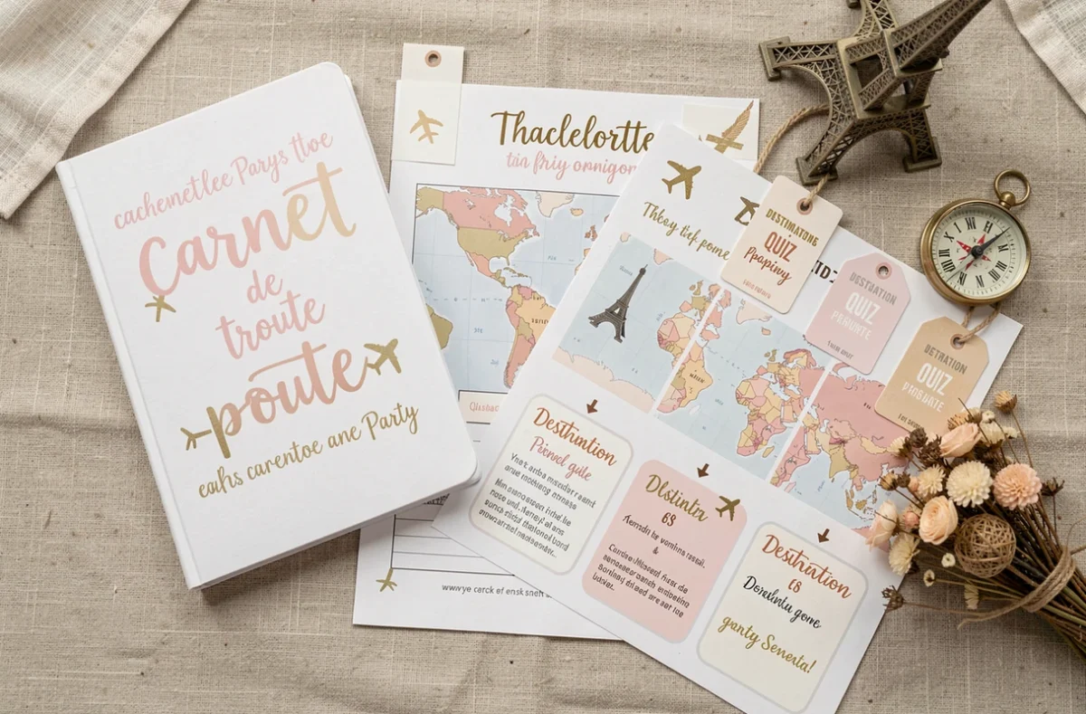 Flat-lay de jeux EVJF à imprimer thème voyage avec carnet de route, boussole vintage et décoration de mariage