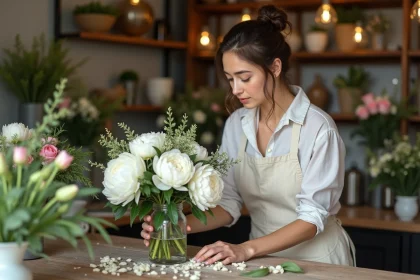 Jeune fleuriste arrangeant un bouquet de peonies blanches