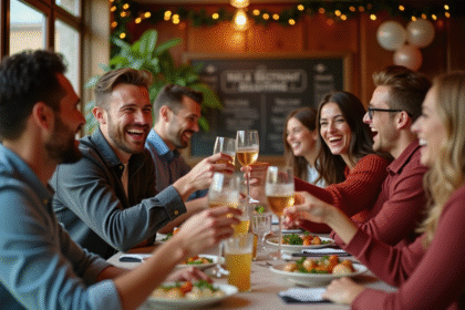 Groupe d'amis souriants trinquant dans un bistro français
