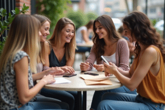 Groupe de femmes souriantes autour d'un café en terrasse