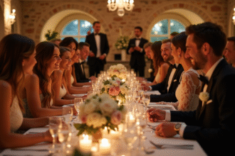 Groupe d'invites élégants lors d'un dîner de mariage