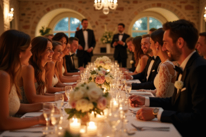 Groupe d'invites élégants lors d'un dîner de mariage