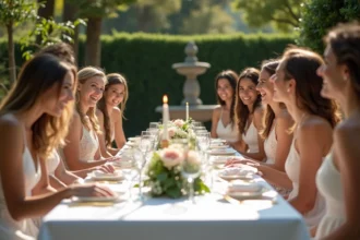 Groupe d'invites de mariage dans un jardin romantique