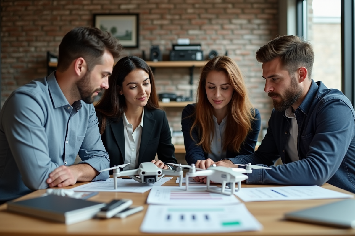 Groupe de planneurs analysant modèles de drones en intérieur