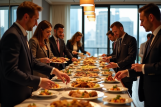 Groupe élégant choisissant des plats lors d’un buffet d’événement