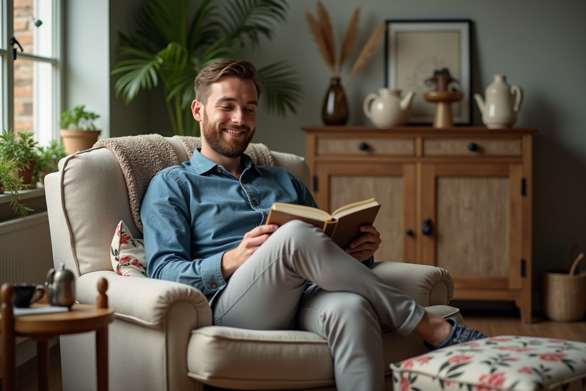 Homme lisant confortablement dans un salon cosy