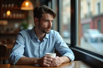 Homme marié en réflexion dans un café cosy