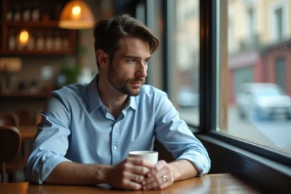 Homme marié en réflexion dans un café cosy