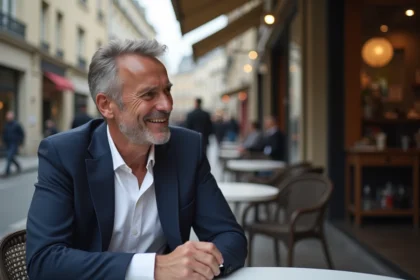 Homme d age dans un café parisien souriant